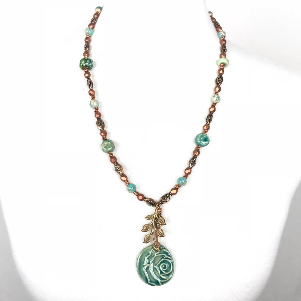 Handmade copper & teil green rose pendant necklace